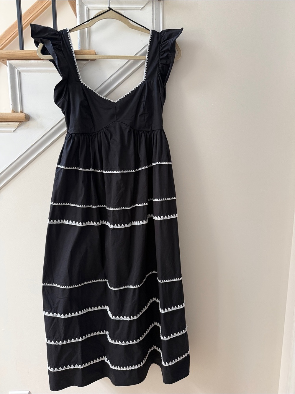 Black Tiered Ruffle-Shoulder Dress with White Trim - Woman’s